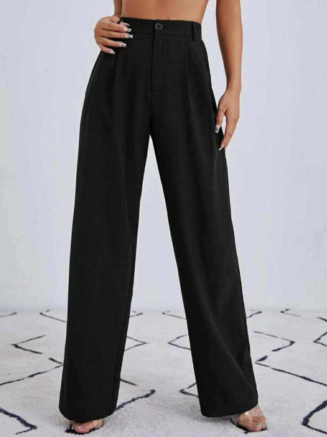 

Next One Women Smart Loose Fit High-Rise Easy Wash Formal Trousers, Black