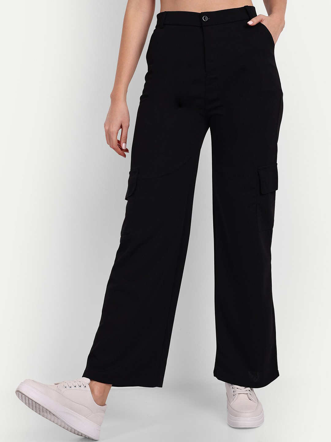 

Next One Women Relaxed Straight Leg Loose Fit High-Rise Easy Wash Cargos, Black