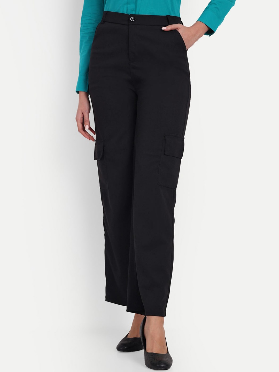 

Next One Women Smart Loose Fit High-Rise Easy Wash Cargos Trousers, Black