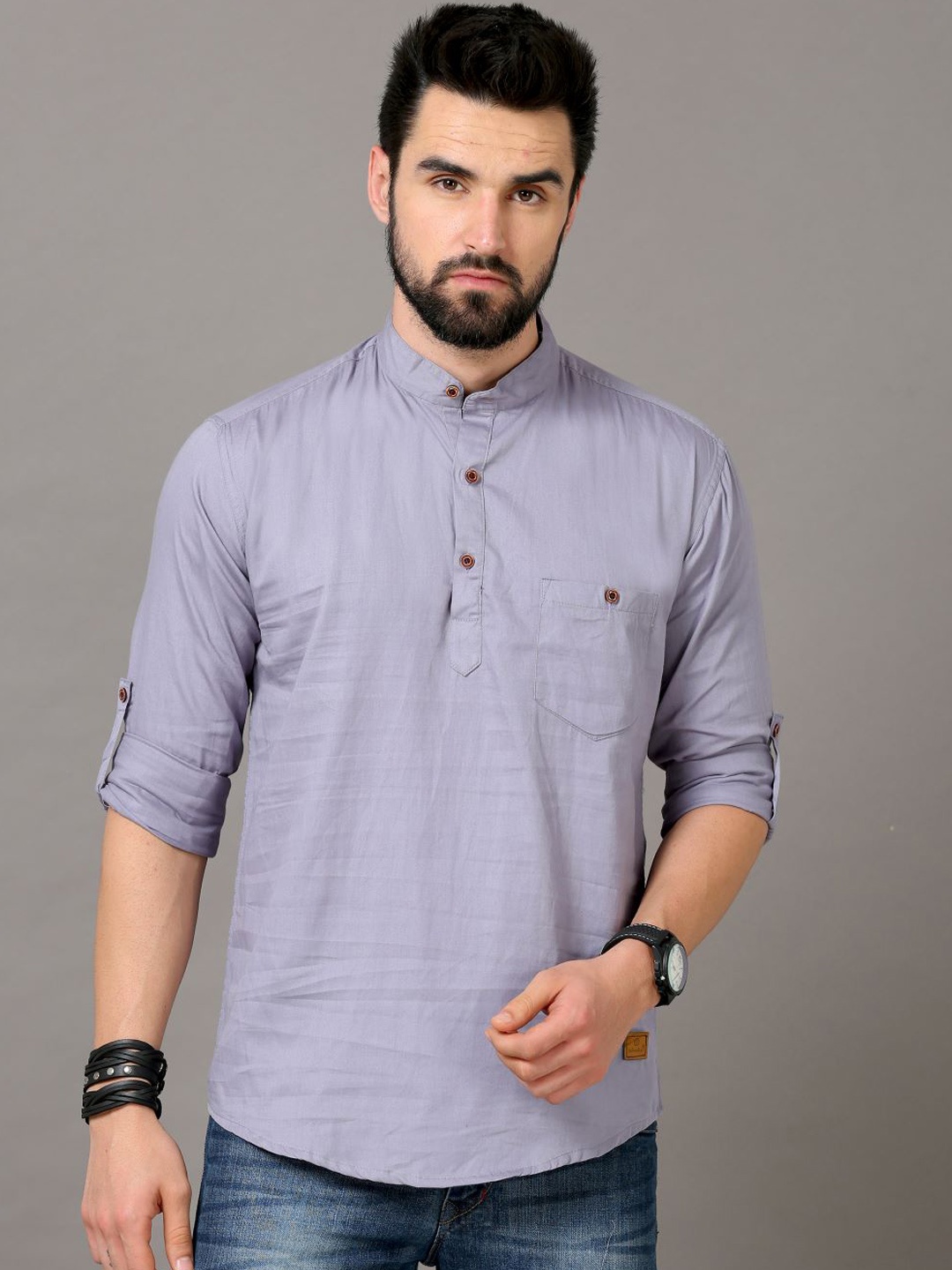

Tallwalker Mandarin Collar Roll-Up Sleeves Straight Kurta, Grey
