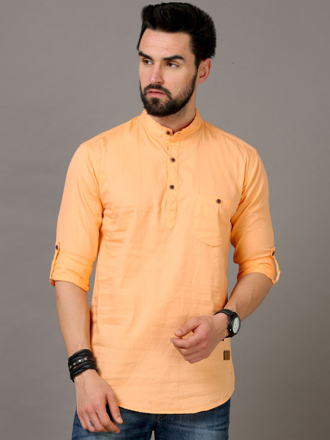 

Tallwalker Mandarin Collar Roll-Up Sleeves Straight Kurta, Orange