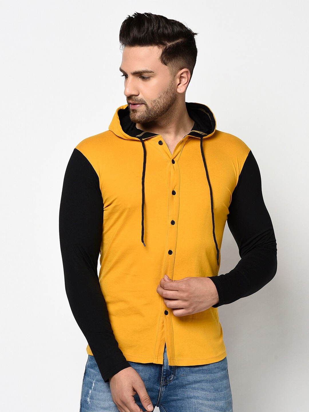 

GLITO Men Colourblocked Hooded Cotton T-shirt, Yellow