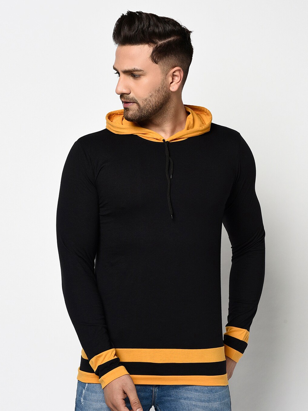 

GLITO Men Colourblocked Hooded Cotton T-shirt, Black