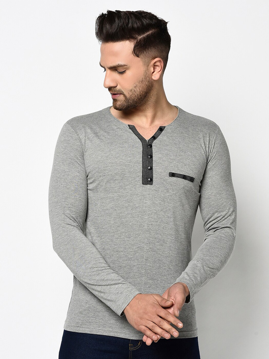 

GLITO Men Henley Neck Cotton T-shirt, Grey