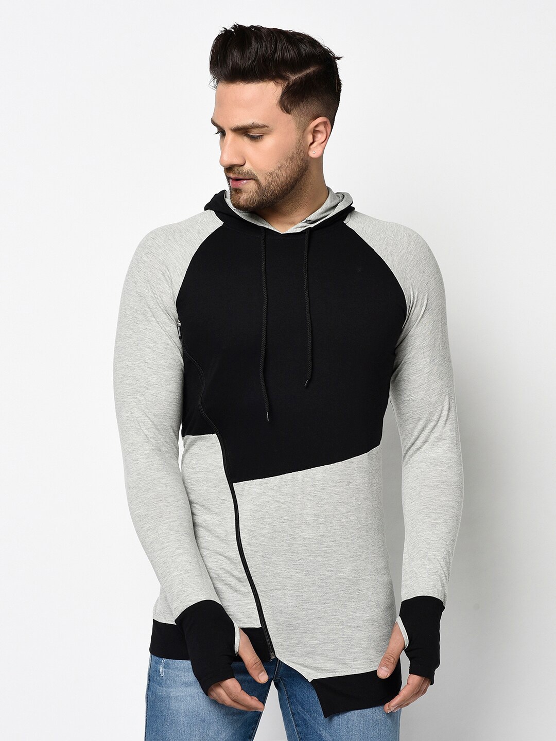 GLITO Colourblocked Hooded Cotton T-shirt, Grey