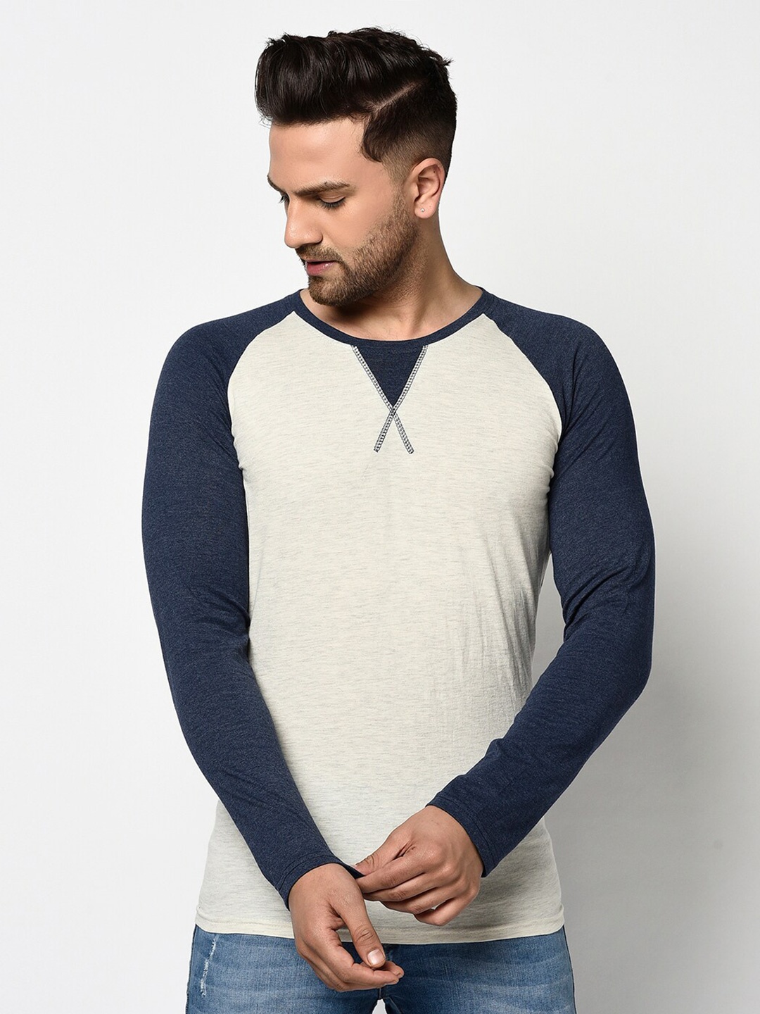 GLITO Raglan Sleeves Colourblocked Regular-Fit Cotton Knitted T-shirt, Off white