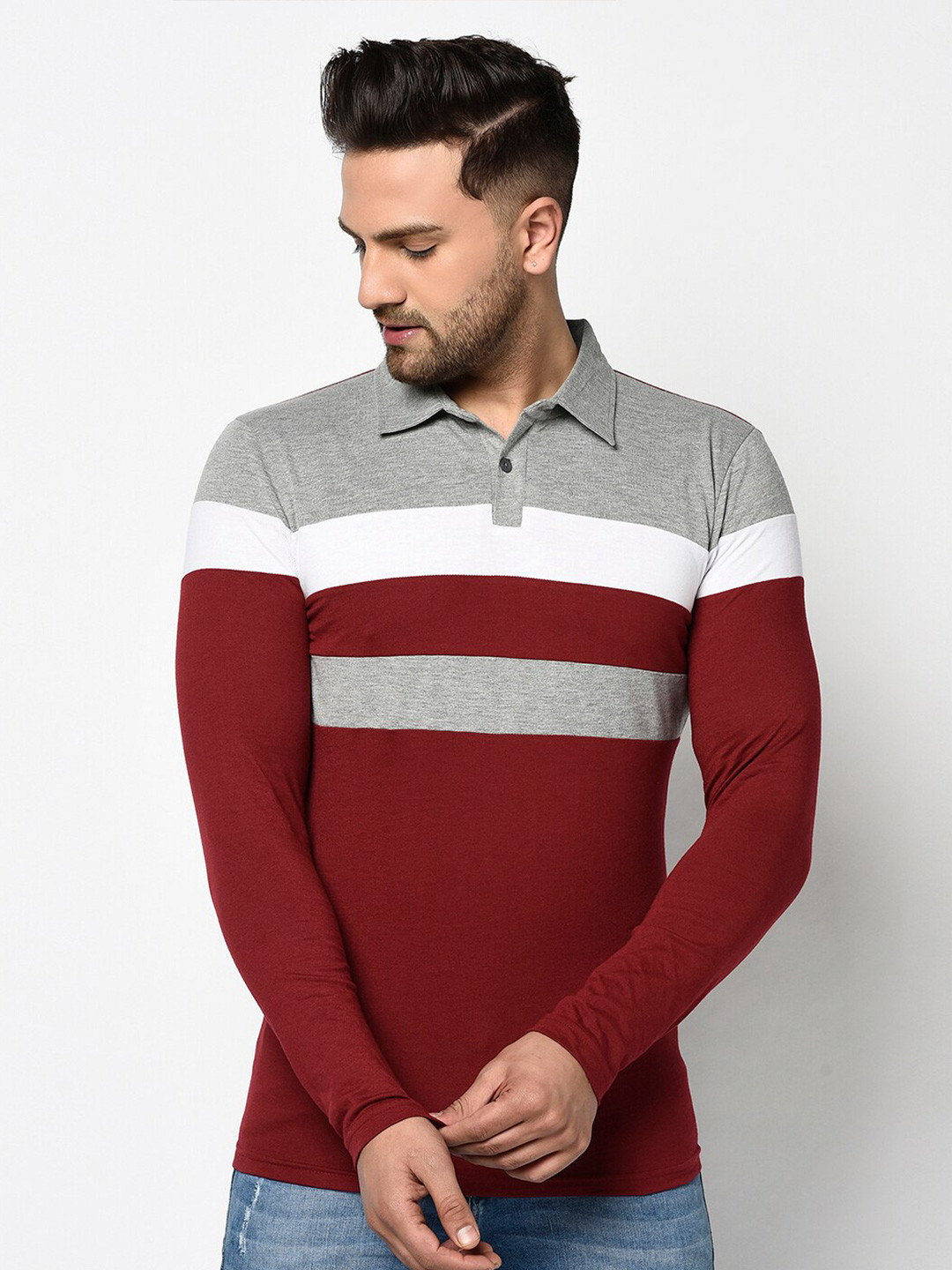 

GLITO Striped Polo Collar Cotton T-shirt, Maroon