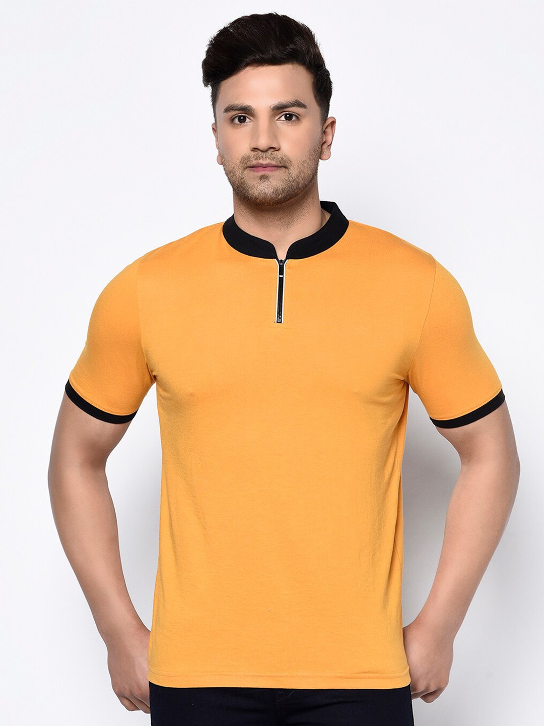 

GLITO Men Henley Neck Cotton T-shirt, Mustard