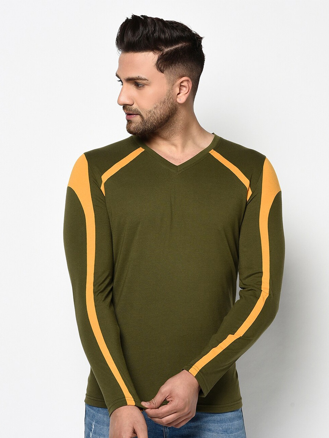 

GLITO Colourblocked V-Neck Cotton Knitted T-shirt, Olive