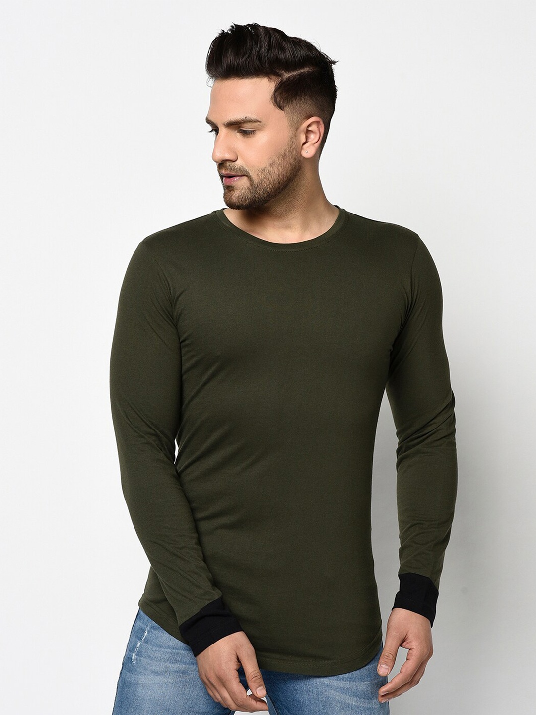 

GLITO Men Round Neck Cotton T-shirt, Olive