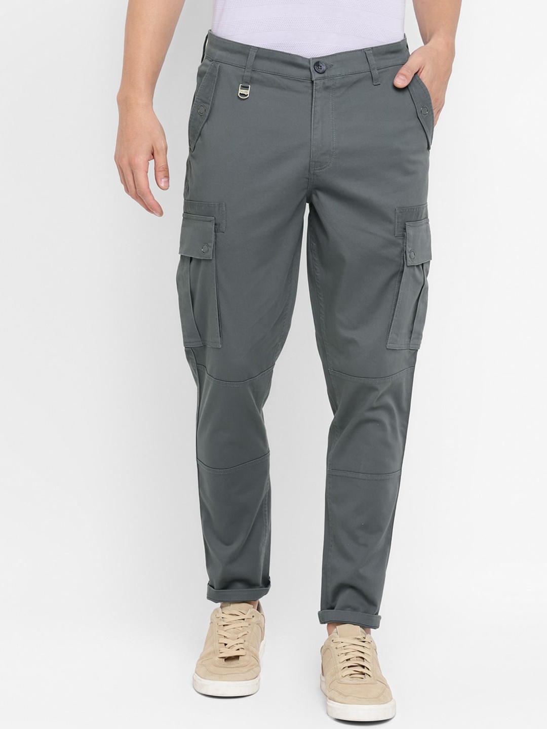 

Red Chief Men Solid Mid-Rise Cotton Cargos Trousers, Grey