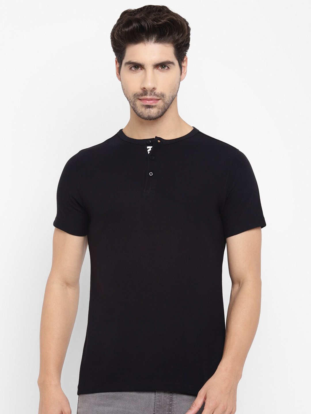

Red Chief Henley Neck Cotton T-Shirt, Black