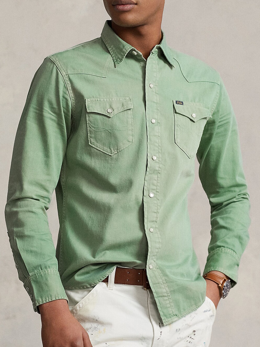 

Polo Ralph Lauren Spread Collar Denim Cotton Casual Shirt, Green