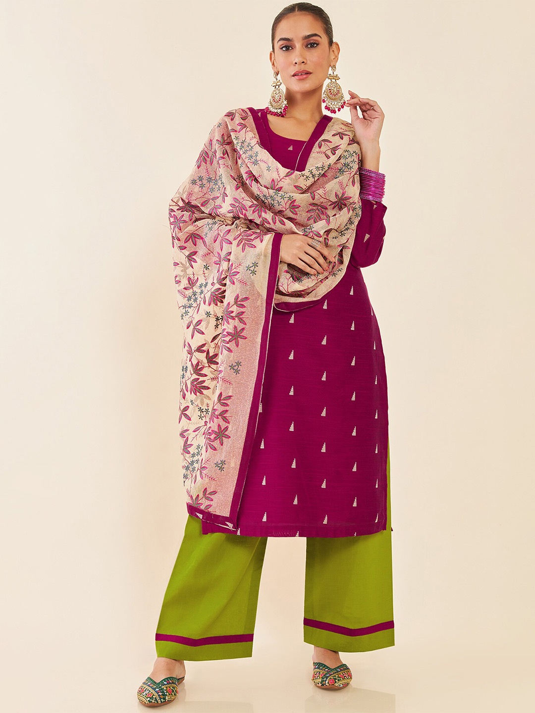 

Soch Magenta & Green Geometric Woven Design Unstitched Dress Material