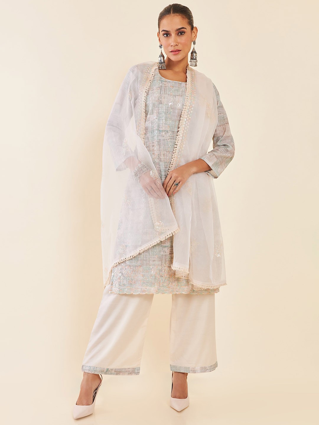 

Soch Embroidered Organza Sequinned Unstitched Dress Material, Beige