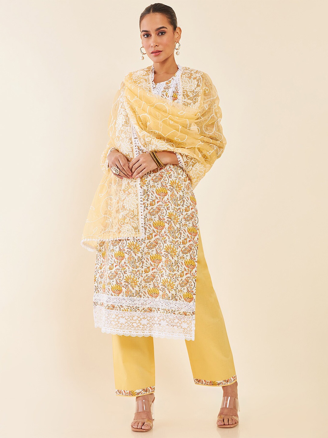 

Soch Off White & Yellow Floral Printed Pure Cotton Unstitched Dress Material