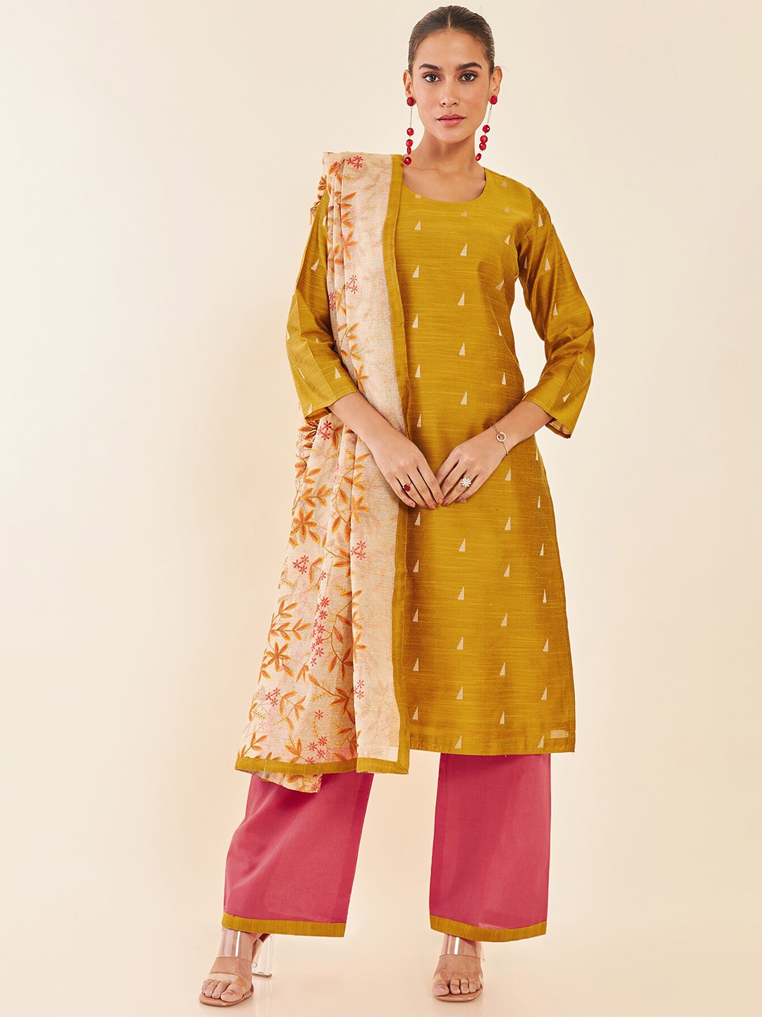 

Soch Yellow & Magenta Ethnic Motifs Woven Design Unstitched Dress Material