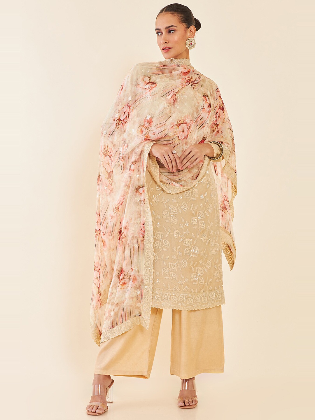

Soch Beige & Pink Floral Sequinned Embroidered Unstitched Dress Material