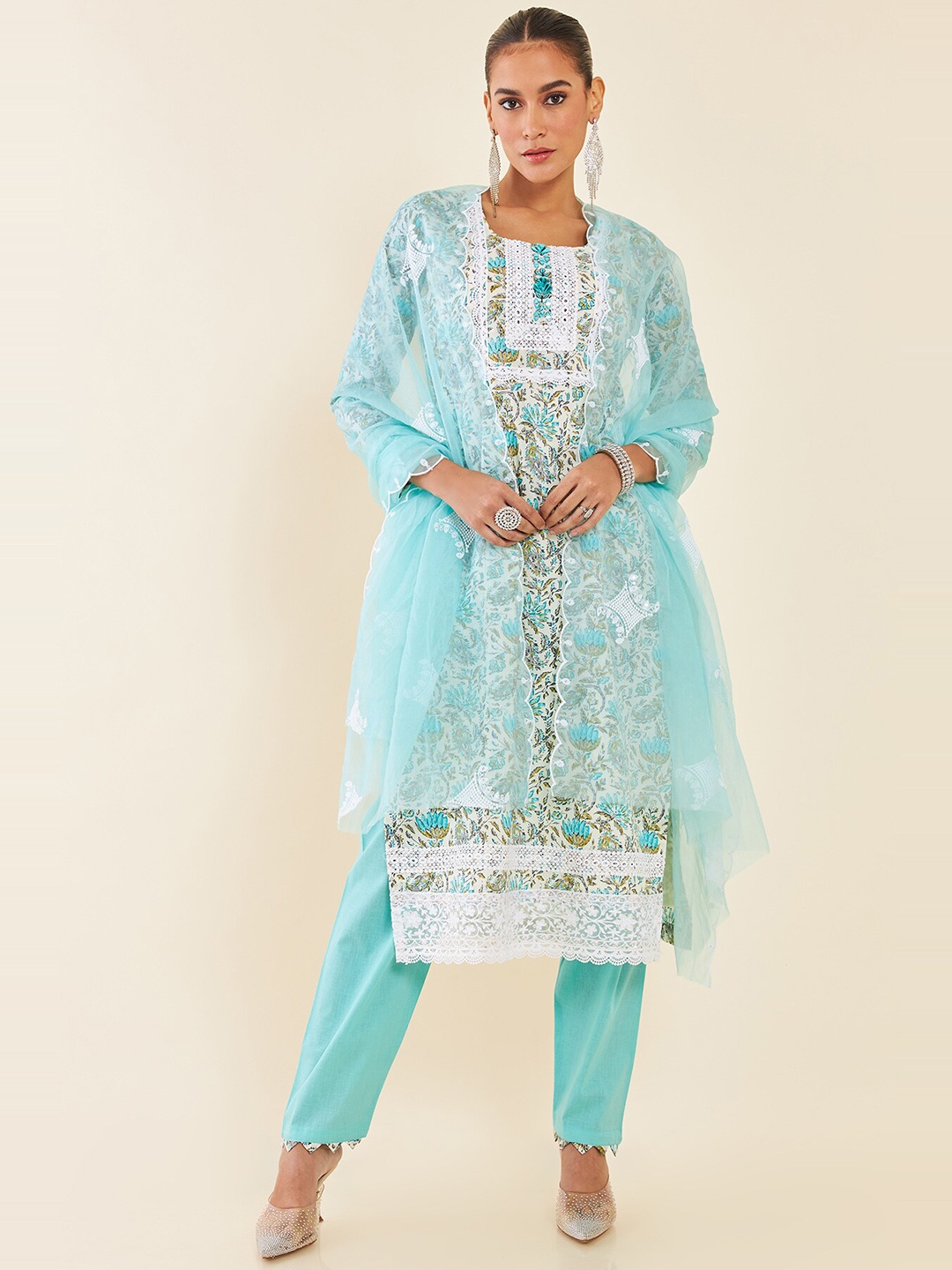 

Soch Off White & Green Embroidered Pure Cotton Unstitched Dress Material