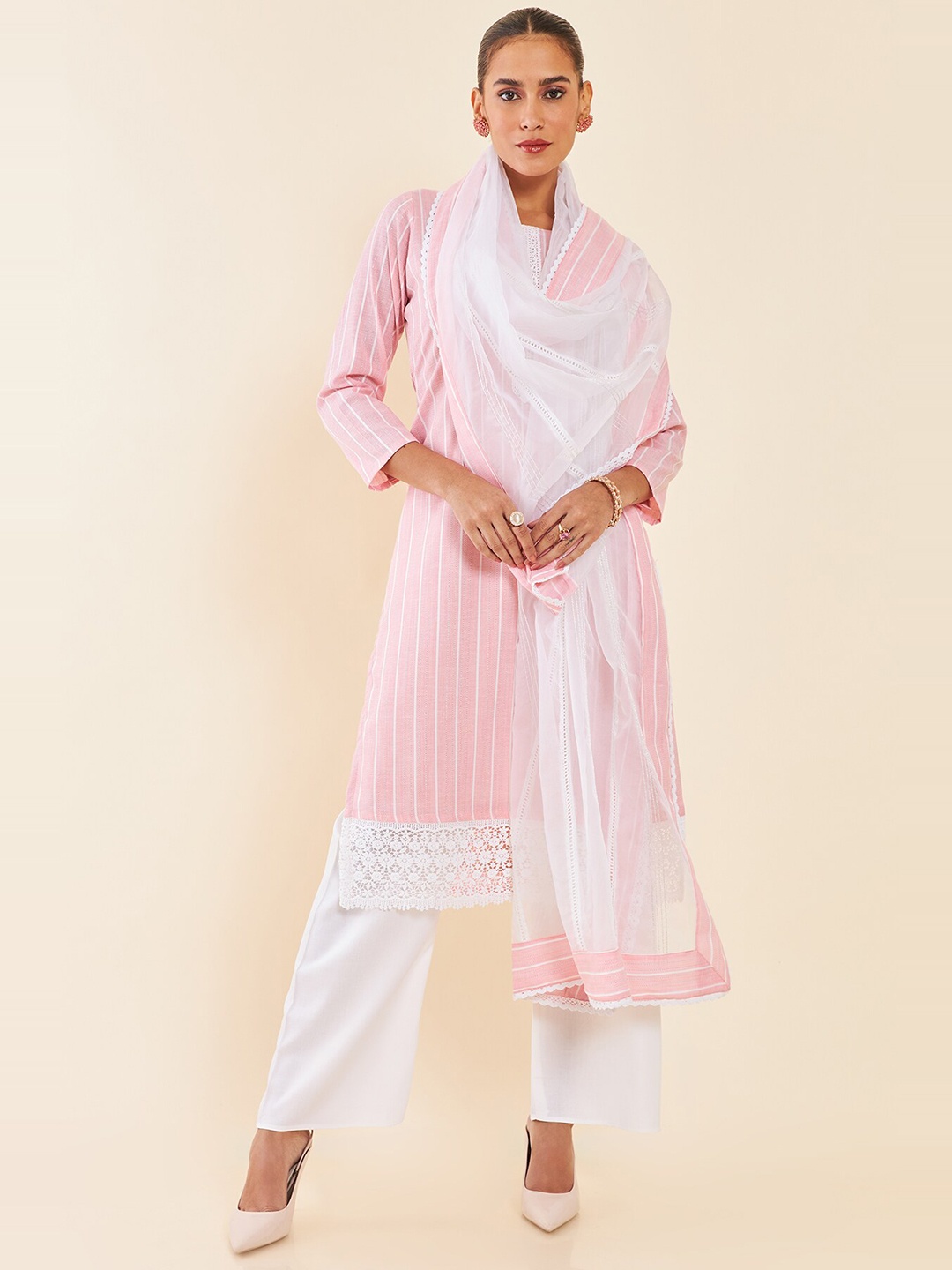 

Soch Striped And Embellished Pure Cotton Unstitched Dress Material, Pink