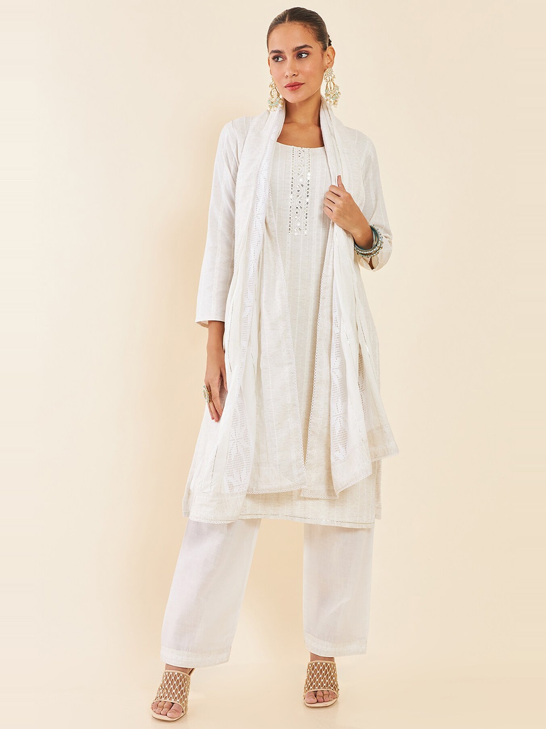 

Soch Off White Ethnic Motifs Sequinned Embroidered Pure Cotton Unstitched Dress Material