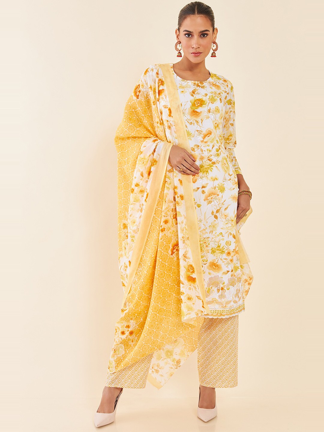 

Soch Off White & Yellow Floral Printed Pure Cotton Unstitched Dress Material
