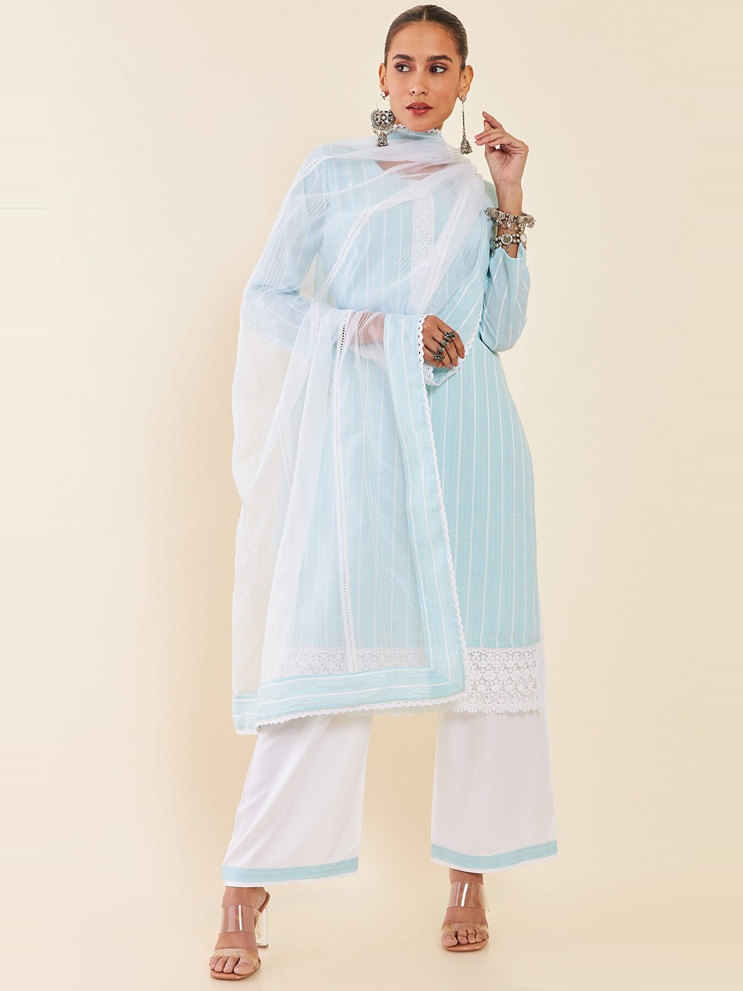 

Soch Blue & White Striped Pure Cotton Unstitched Dress Material
