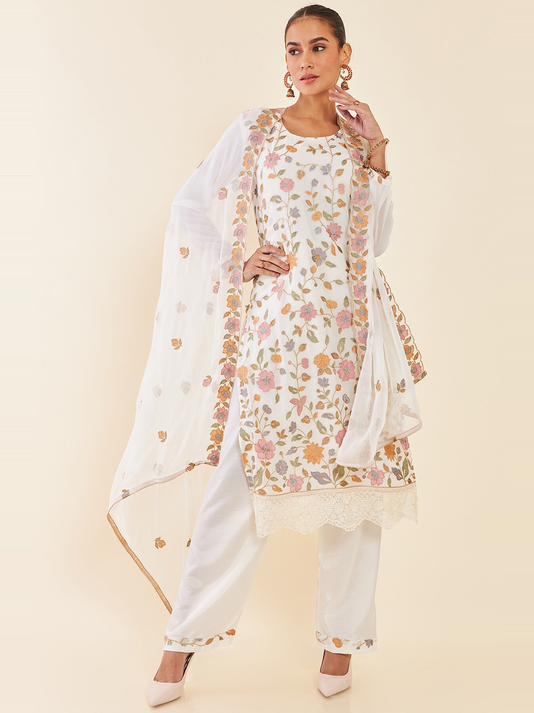 

Soch Cream-Coloured & Orange Embroidered Unstitched Dress Material