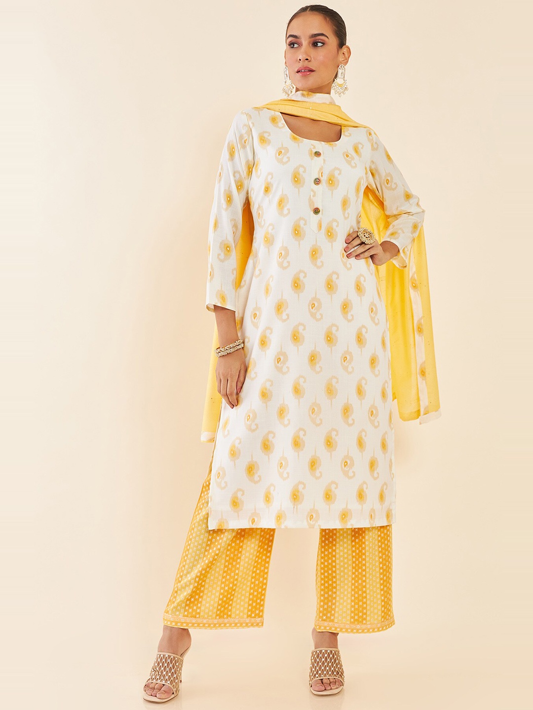 

Soch Cream-Coloured & Yellow Paisley Printed Sequinned Unstitched Dress Material