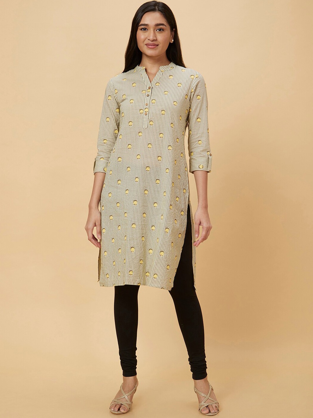 

Globus Women Off White Striped Mandarin Collar Roll-Up Sleeves Pure Cotton Straight Kurta