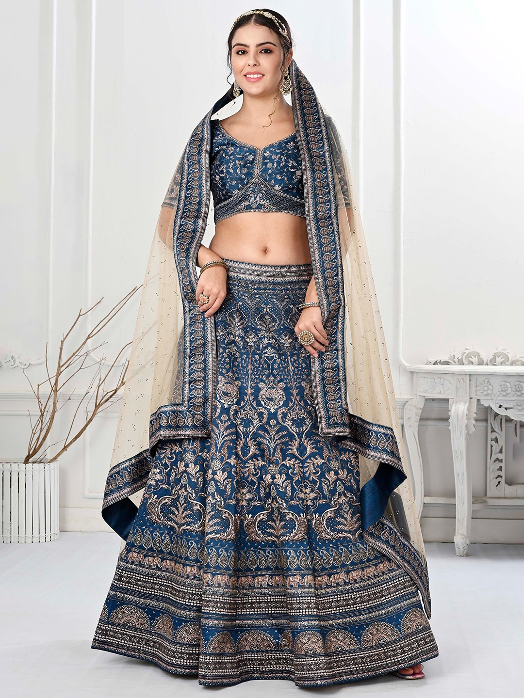 

SAPTRANGI Embellished Beads Detail Semi-Stitched Lehenga & Unstitched Blouse With Dupatta, Navy blue