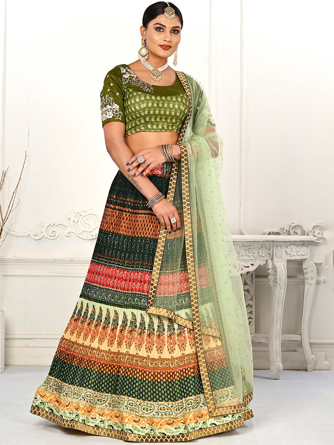 

SAPTRANGI Printed Semi-Stitched Lehenga & Unstitched Blouse With Dupatta, Green