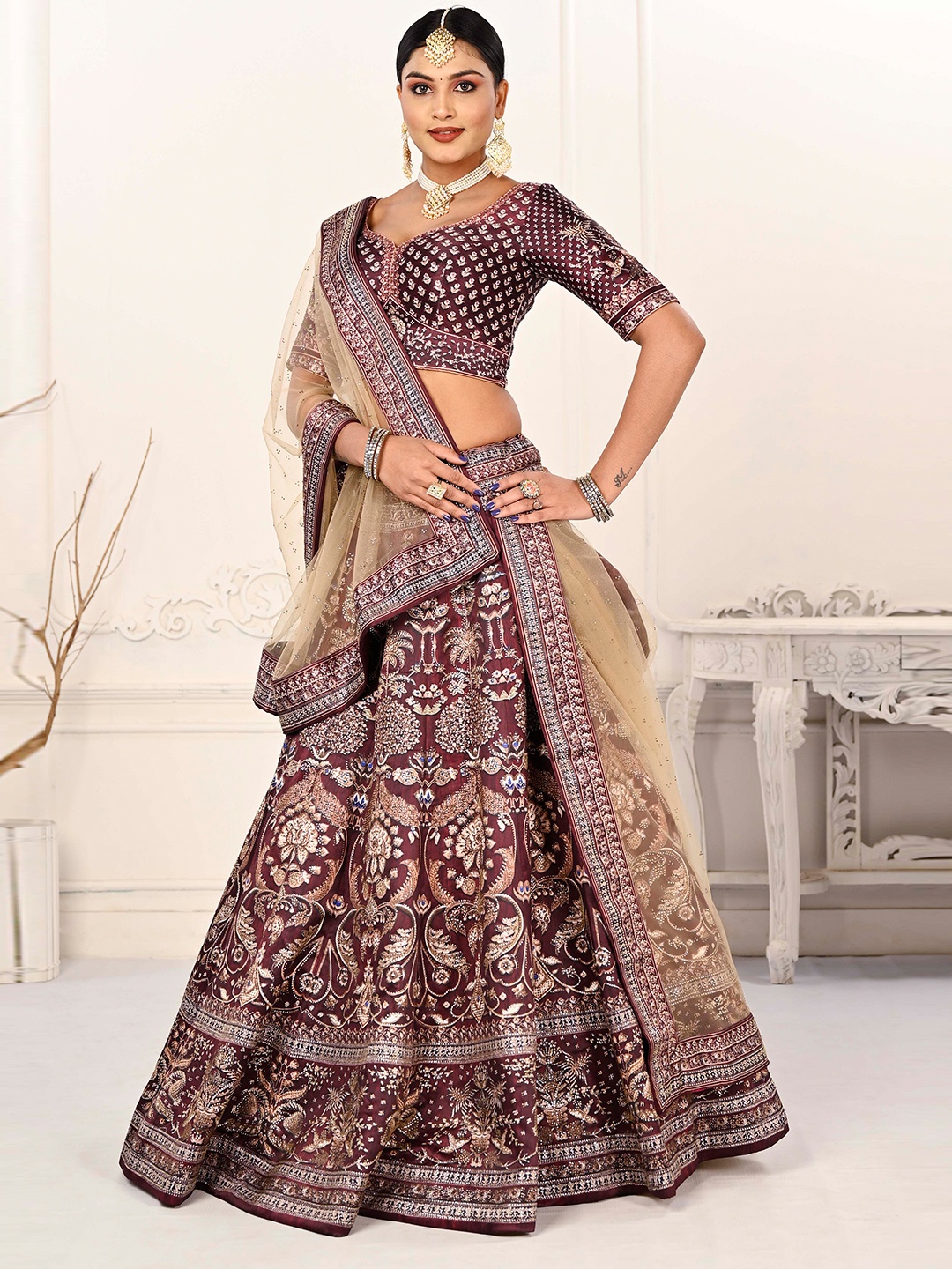 

SAPTRANGI Embroidered Semi-Stitched Lehenga & Unstitched Blouse With Dupatta, Maroon