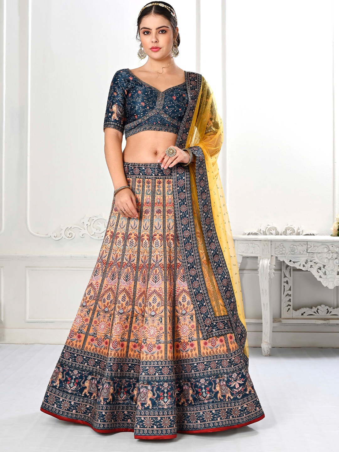 

SAPTRANGI Printed Semi-Stitched Lehenga & Unstitched Blouse With Dupatta, Yellow