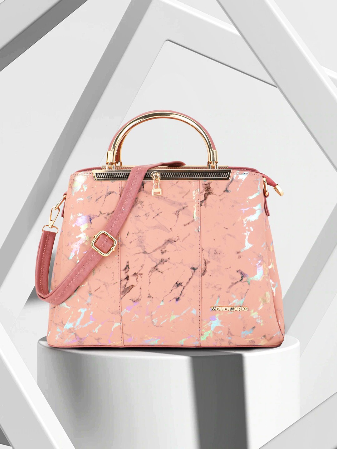 WOMEN MARKS Printed Structured Handheld Bag, Orange
