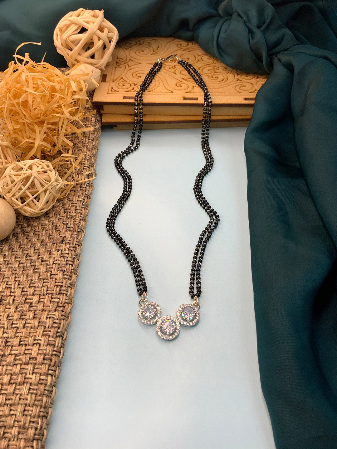 

ABDESIGNS Silver-Plated Beaded & American Diamond Mangalsutra