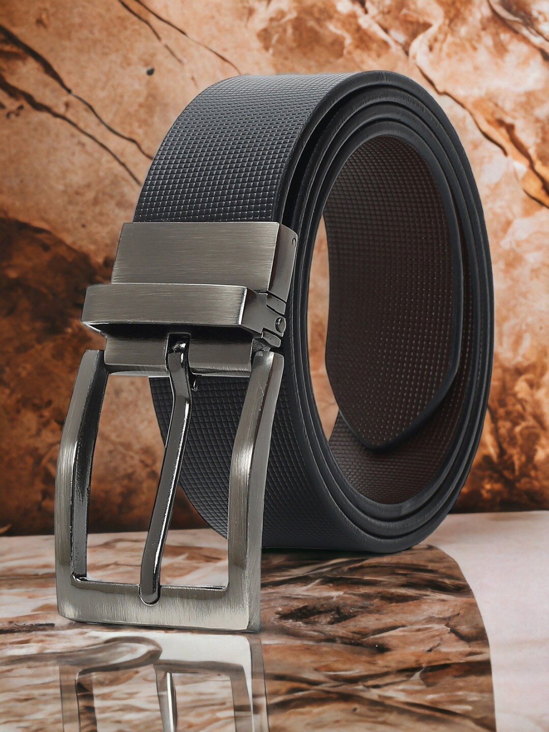

CRUSSET Men Textured Leather Reversible Formal Belt, Black