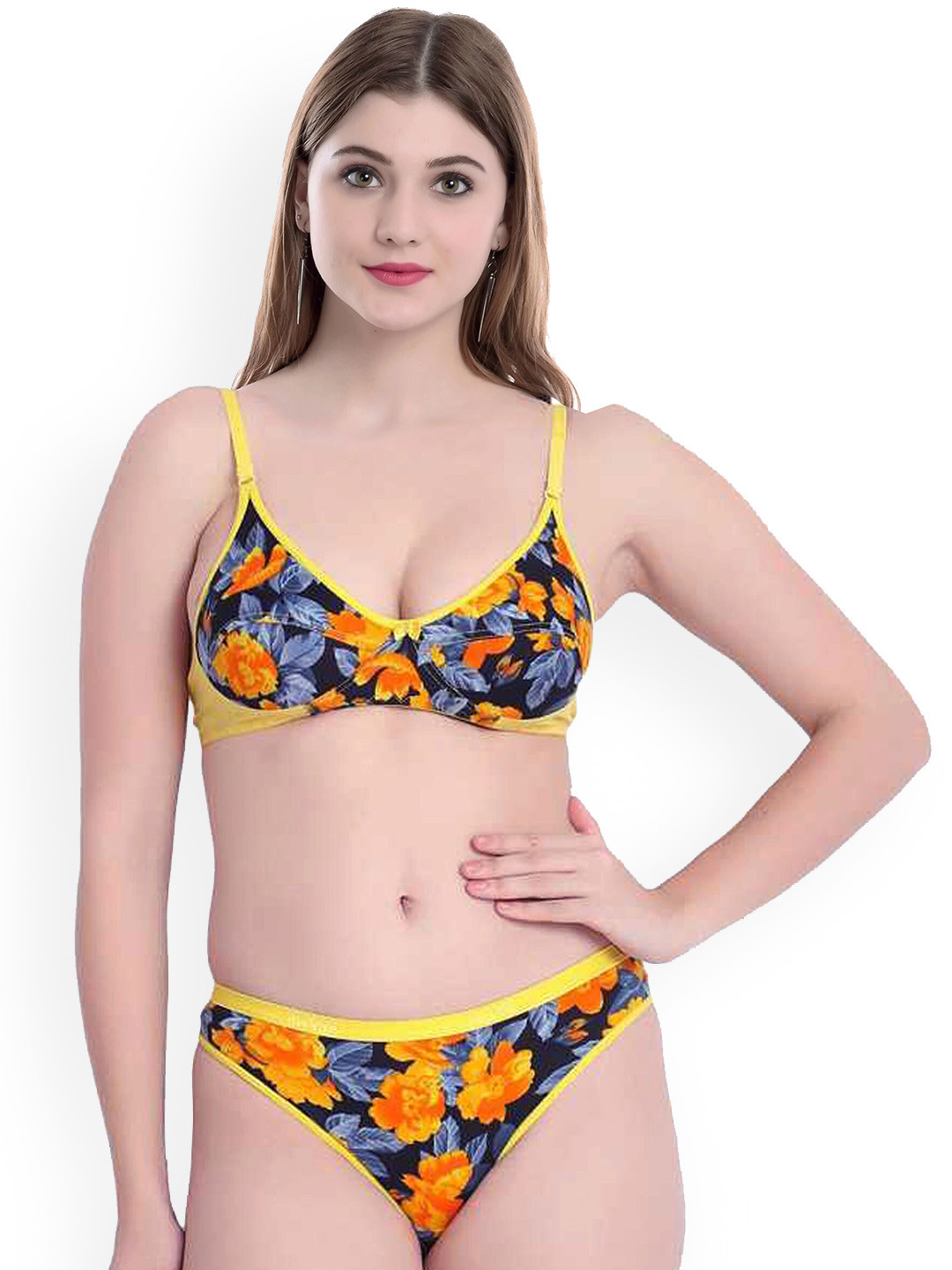 

AROUSY Floral Printed Cotton Non Padded Lingerie Set BY_Sunflower Set_Yellow_36, Black