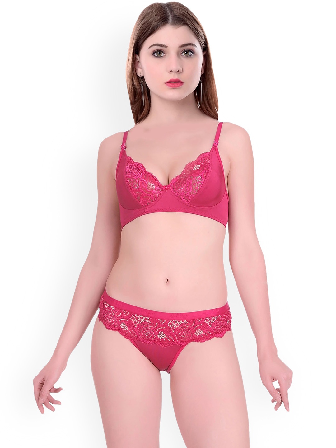 AROUSY Self Design Cotton Non Padded Lingerie Set, Pink