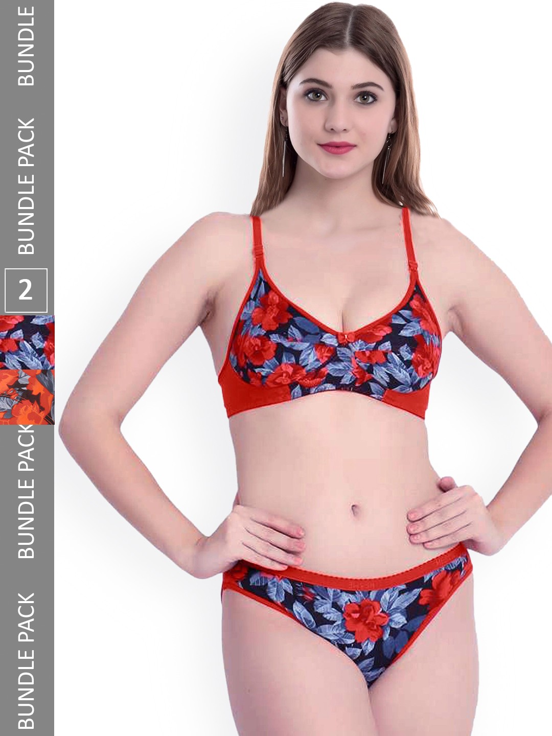 

AROUSY Pack Of 2 Floral Printed Cotton Lingerie Set BY_Sunflower Set_Red_36