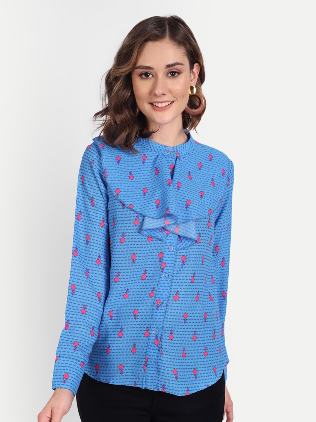 

Jollify Floral Printed Mandarin Collar Ruffles Georgette Shirt Style Top, Blue
