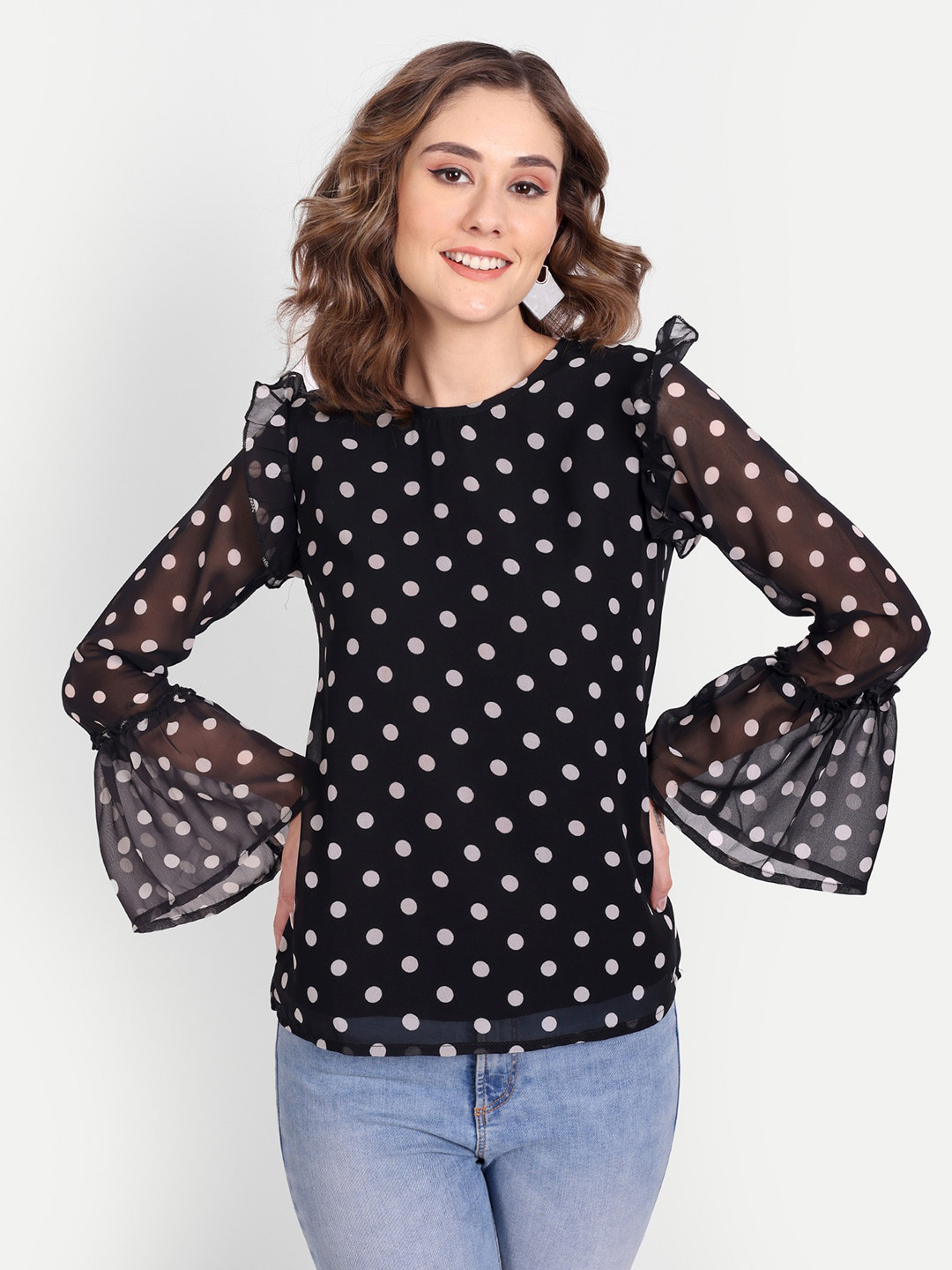 

Jollify Polka Dot Printed Bell Sleeve Ruffles Georgette Top, Black