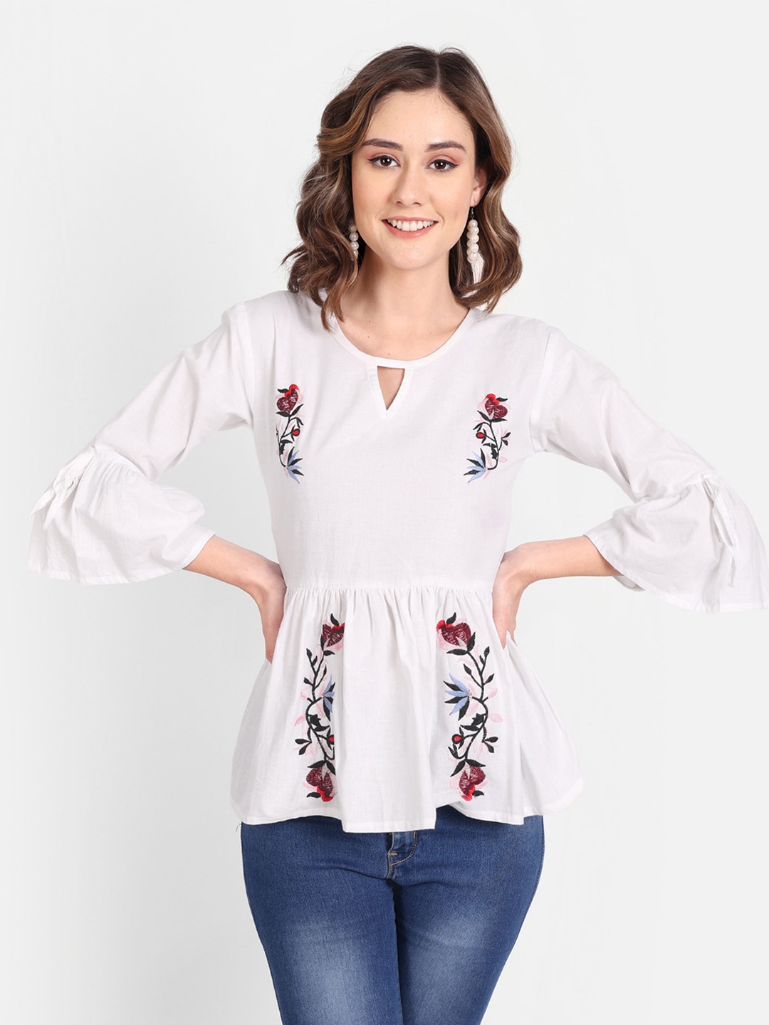 

Jollify Floral Embroidered Keyhole Neck Bell Sleeve Cotton A-Line Top, White