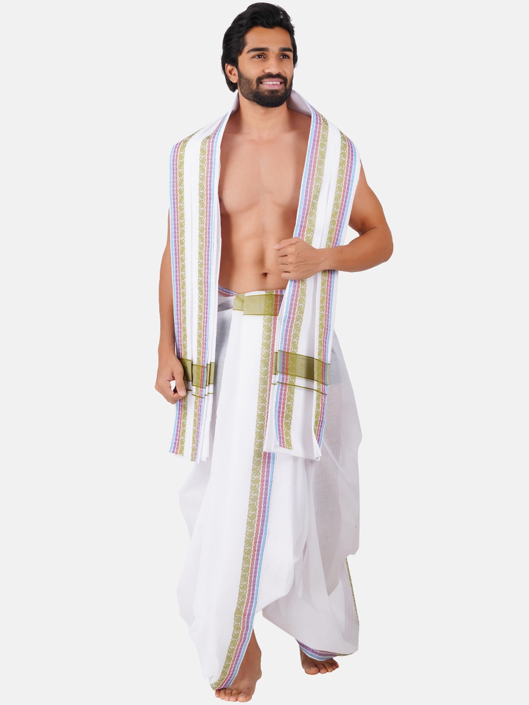 

Ramraj Pure Cotton Panchakacham Dhoti With Angavastram Set, White
