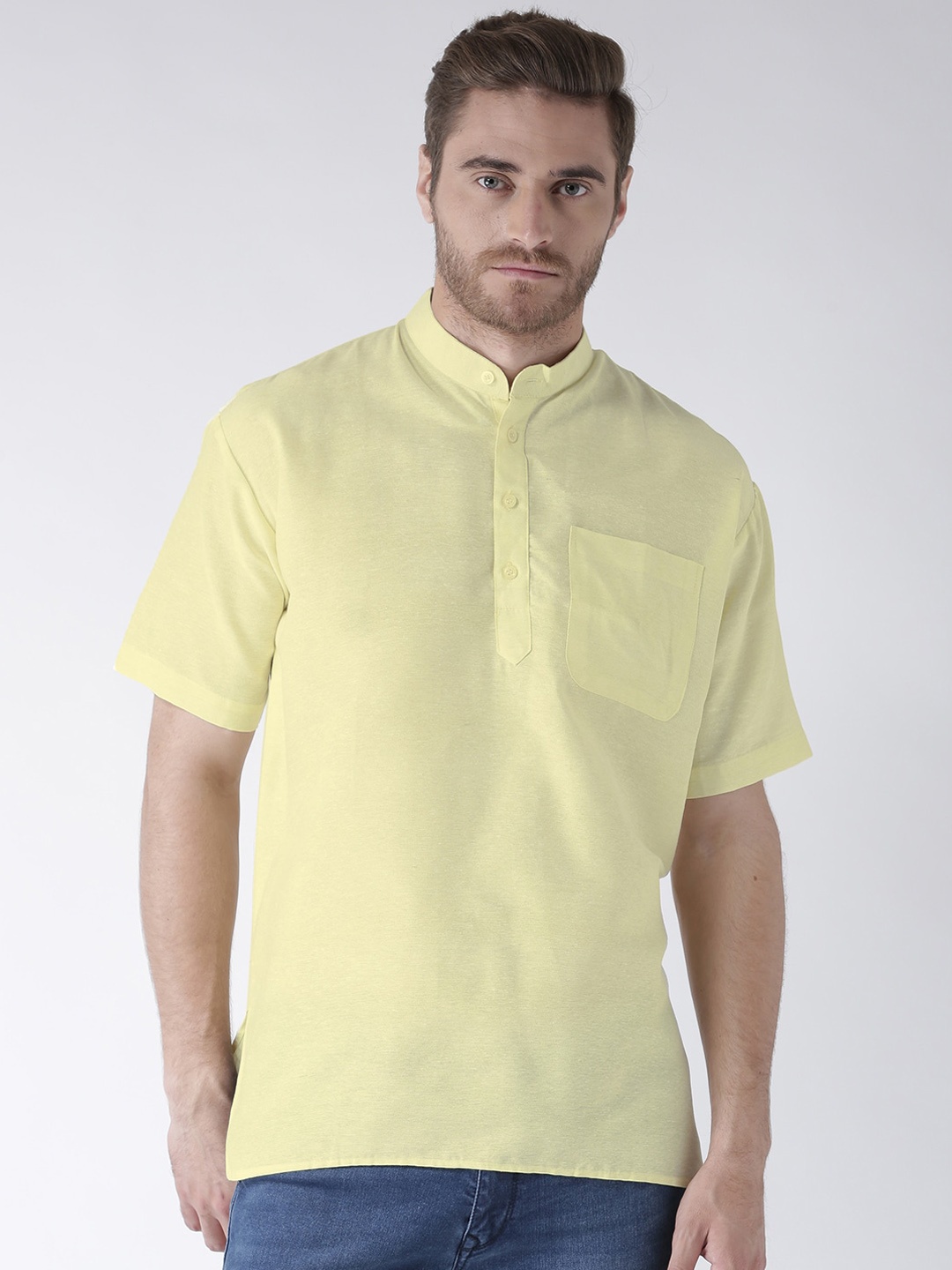 

RIAG Mandarin Collar Short Sleeves Cotton Pastel Short Kurta, Yellow