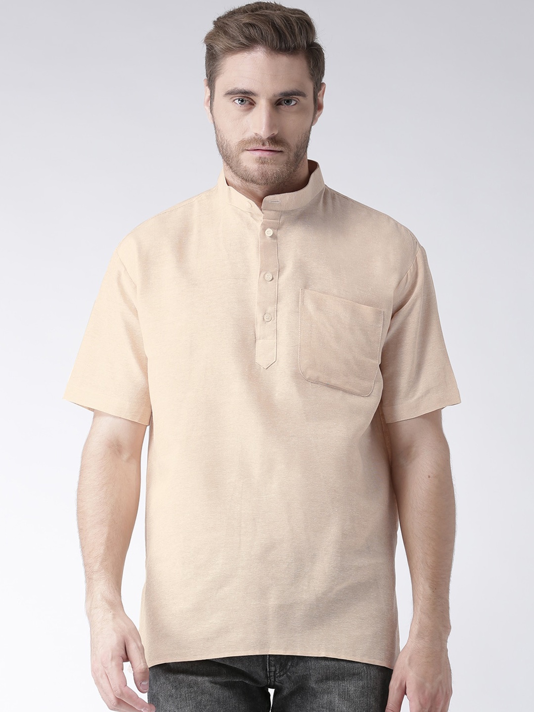 

RIAG Mandarin Collar Cotton Casual Straight Kurta, Beige