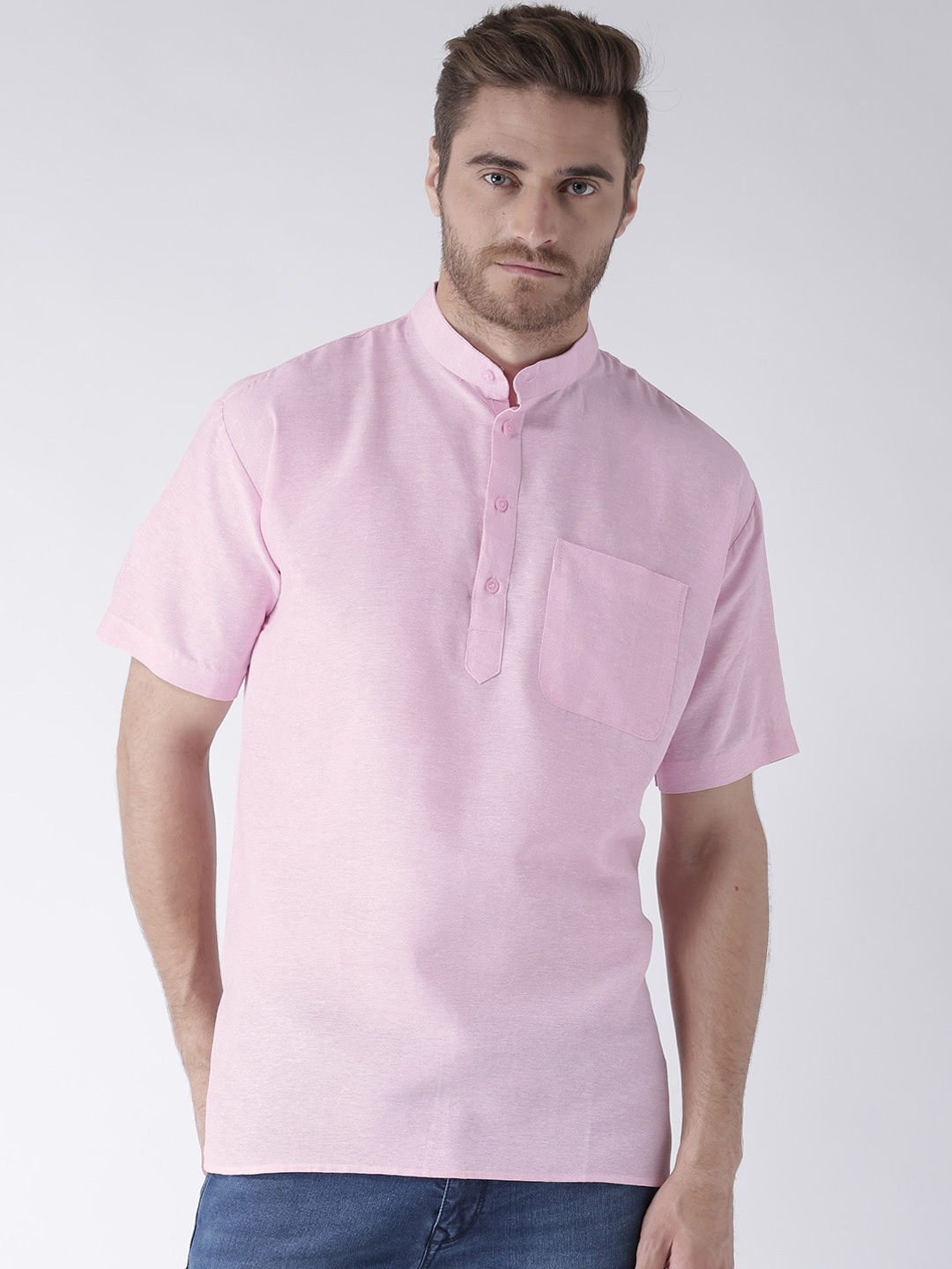 

RIAG Band Collar Short Sleeves Cotton Kurta, Pink