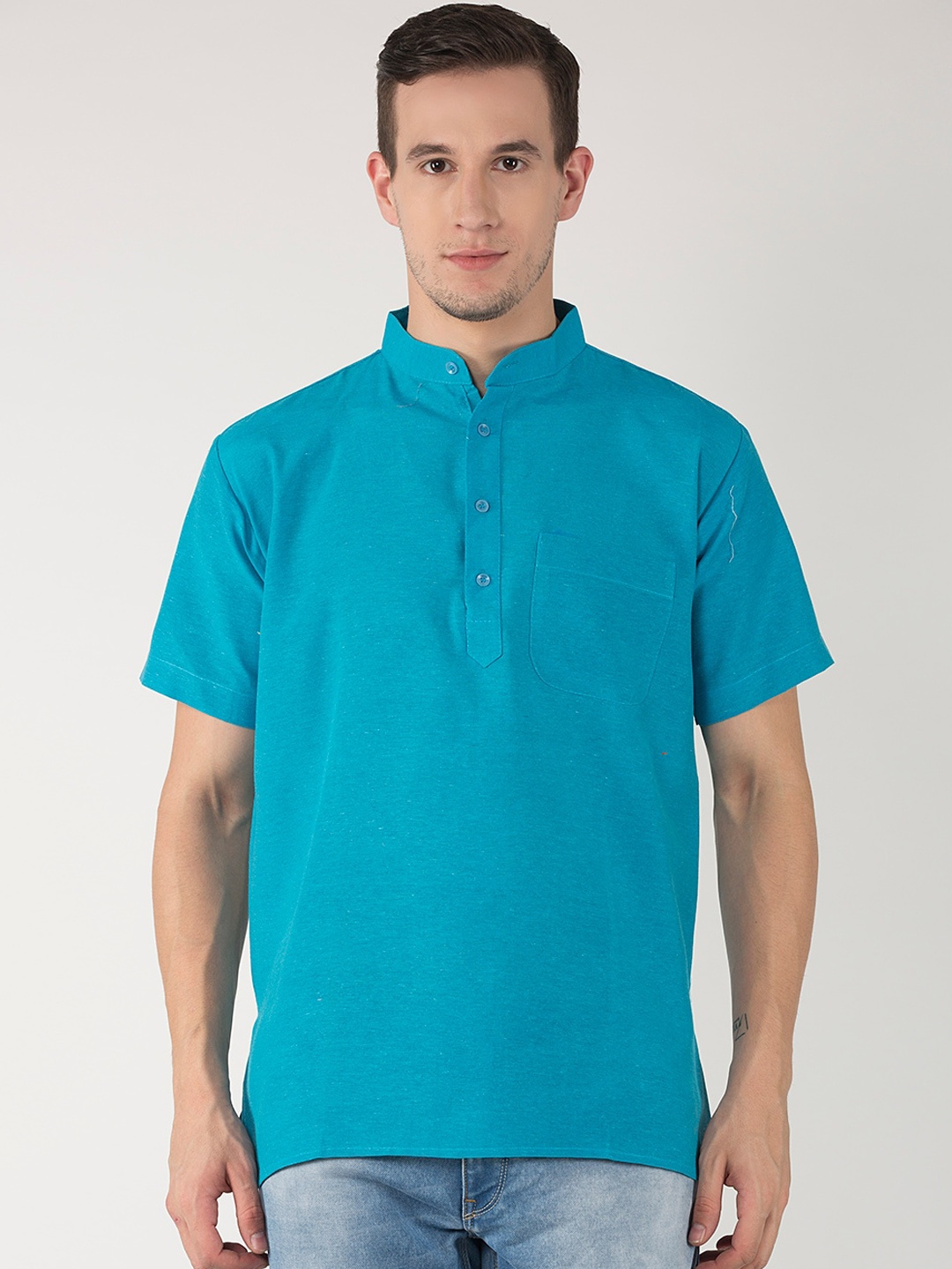 

RIAG Band Collar Short Sleeves Cotton Kurta, Blue