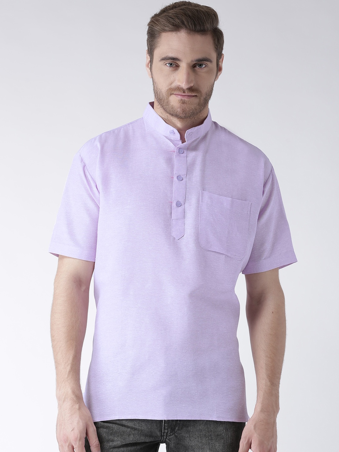

RIAG Band Collar Short Sleeves Cotton Kurta, Violet