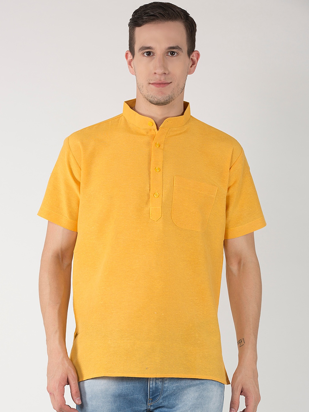 

RIAG Band Collar Short Sleeves Cotton Kurta, Yellow